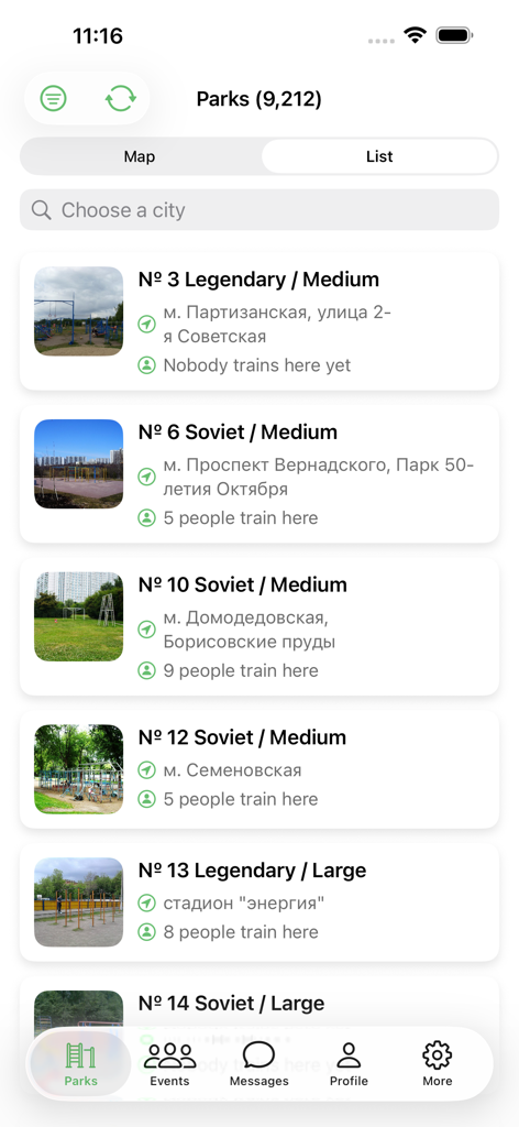 Street Workout Parks - A list of outdoor street workout parks showing locations and the number of active athletes.