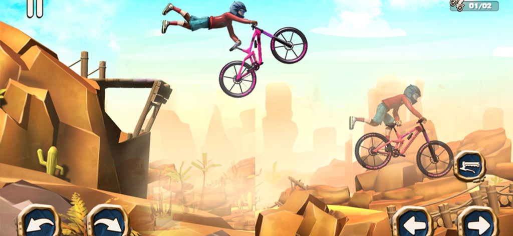 Dirt Bike Hill Racing Game - Un ciclista de montaña realizando una acrobacia de salto en el aire en un entorno de montaña rocosa.