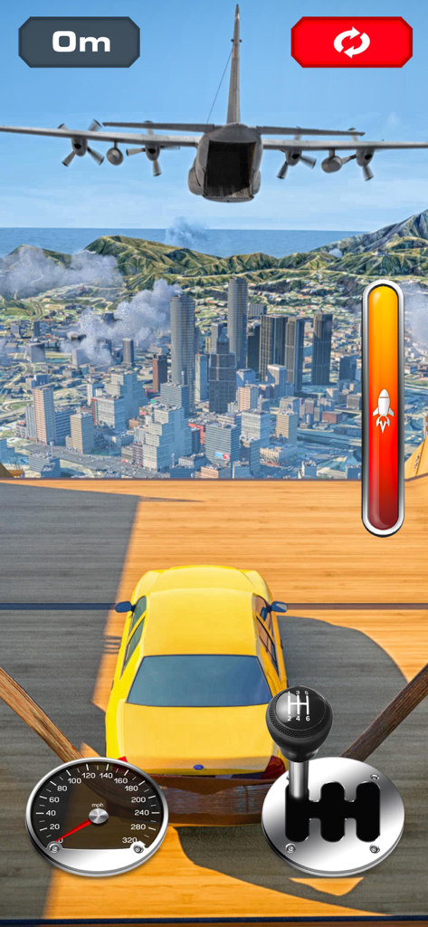 Jump into the Plane - Un coche amarillo sobre una rampa saltando hacia la bodega de carga abierta de un avión en vuelo sobre una ciudad