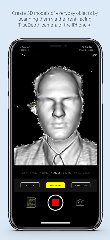 A 3D facial scan being created with the Heges 3D Scanner app on an iPhone using the TrueDepth camera.