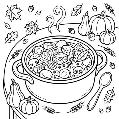 Dive into the warmth of autumn with this charming coloring page featuring a delicious beef stew. Kids will love bringing this cozy fall scene to life with their favorite colors, complete with pumpkins, leaves, and acorns.