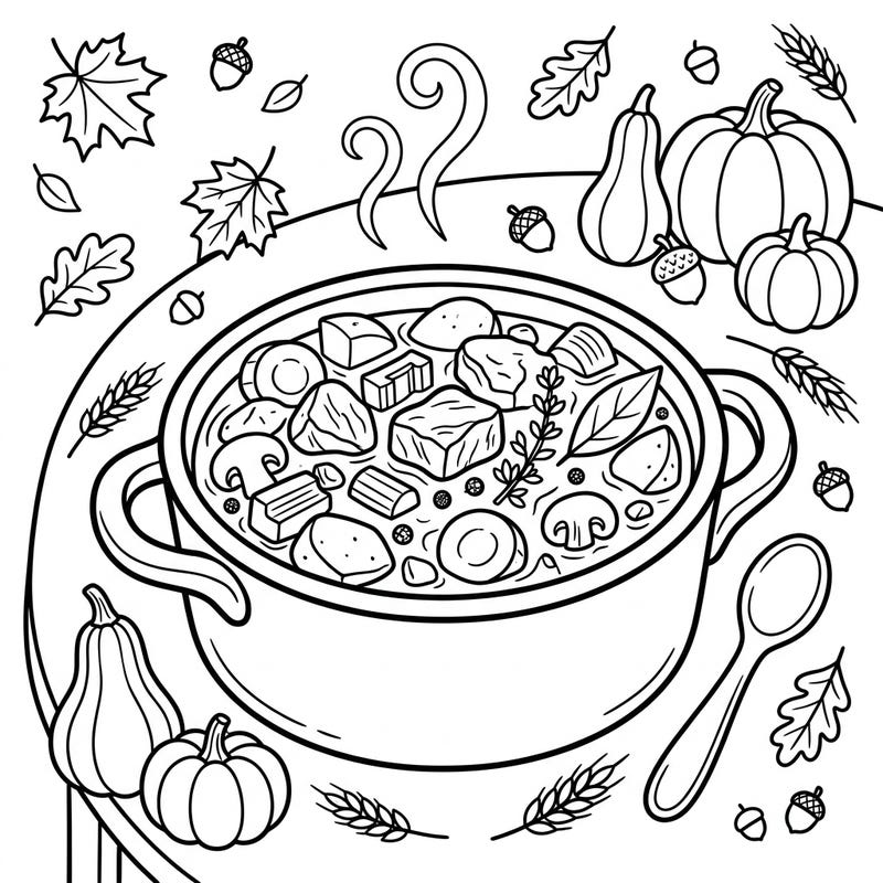 Dive into the warmth of autumn with this charming coloring page featuring a delicious beef stew. Kids will love bringing this cozy fall scene to life with their favorite colors, complete with pumpkins, leaves, and acorns.