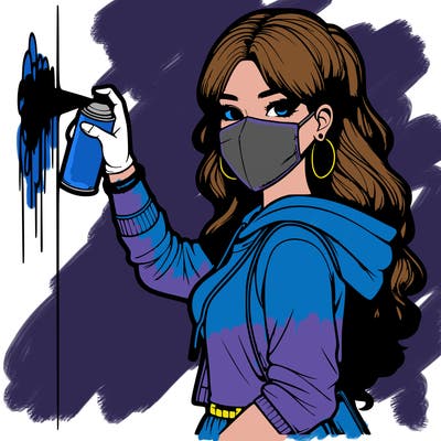 realistic girl with mask spray painting a wall