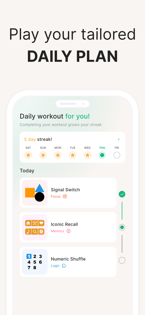 Propel app dashboard showing a tailored daily plan with a 5-day streak and ADHD brain games for focus and memory
