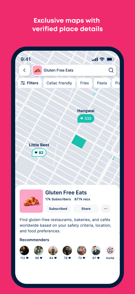 Atly – Know where to go - Atly mobile app map interface displaying gluten free dining locations and search filters