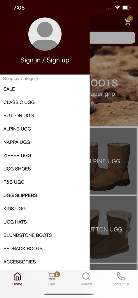 Original Australian Ugg AUD - Navigation menu of the Original Australian Ugg app showing footwear categories like Classic and Alpine Uggs