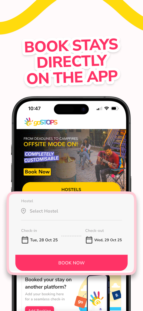 Mobile screen showing the goSTOPS app interface for booking hostel stays in India