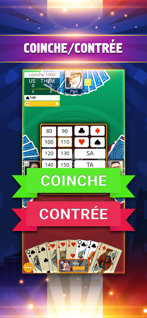 Interface du jeu de cartes VIP Belote montrant le processus d'enchères pour la Coinche et la Contrée avec des avatars de joueurs.