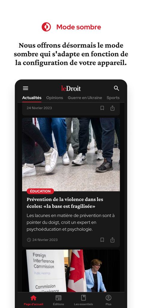 Interfaz de la aplicación de noticias Le Droit mostrada en modo oscuro en un teléfono móvil.