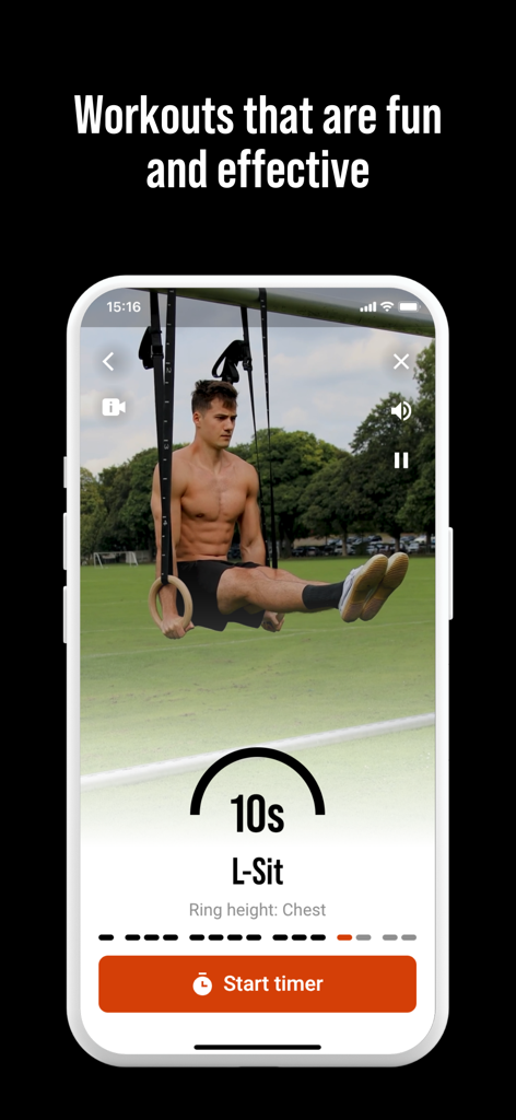 DIE RINGE Calisthenics Workout - Un homme effectuant un L-Sit aux anneaux de gymnastique à l'aide du minuteur de l'application de calisthenics DIE RINGE