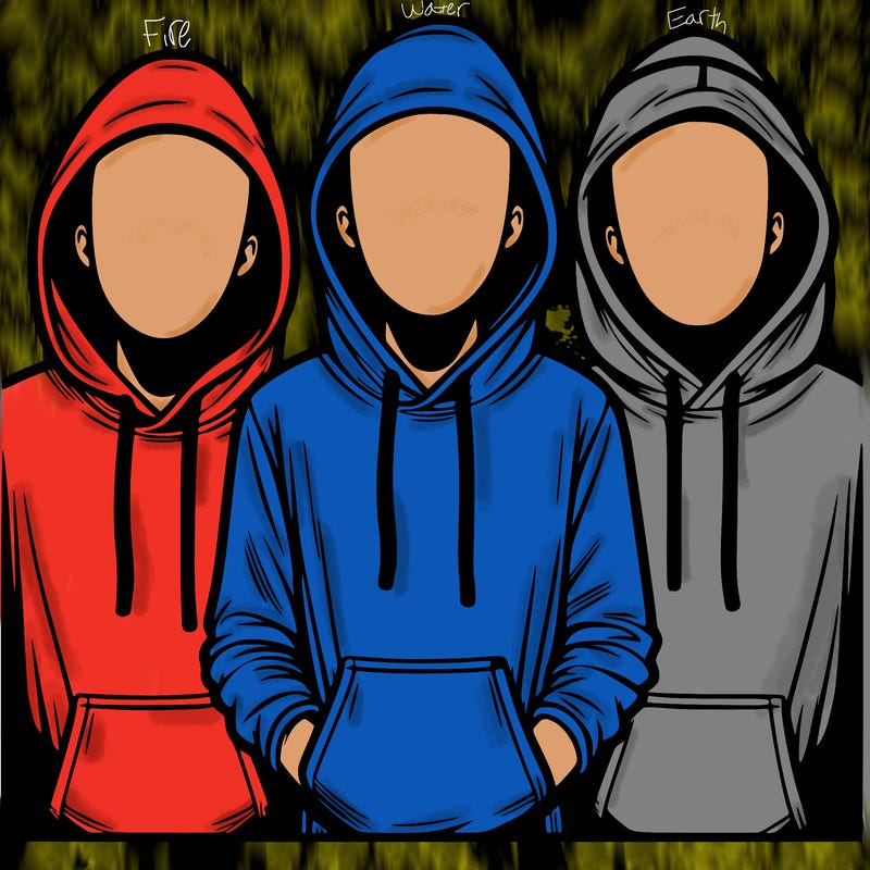 3 faceless people in  hoodies
