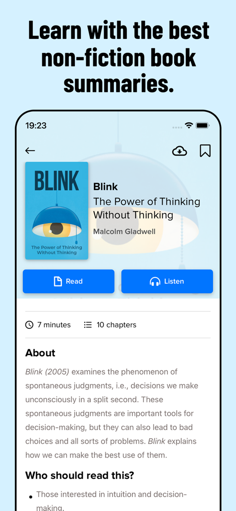 Interface of the Fabula app displaying a non-fiction book summary for Blink by Malcolm Gladwell with read and listen options