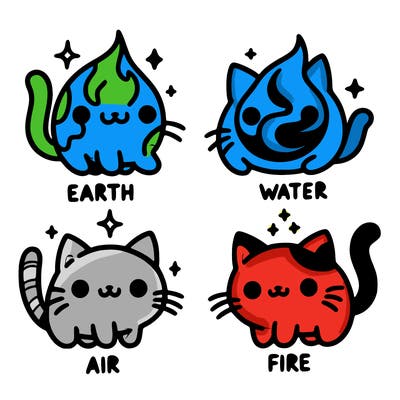 4 cats that represent the different elements, earth, water, air, and fire