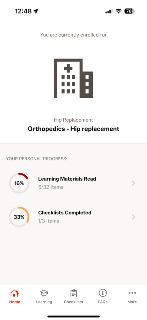 Care4Today® Education - Care4Today Education home screen showing patient progress for orthopedics hip replacement
