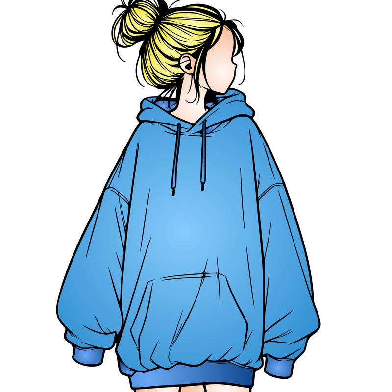 realistic girl with a oversized sweatshirt on and a bun