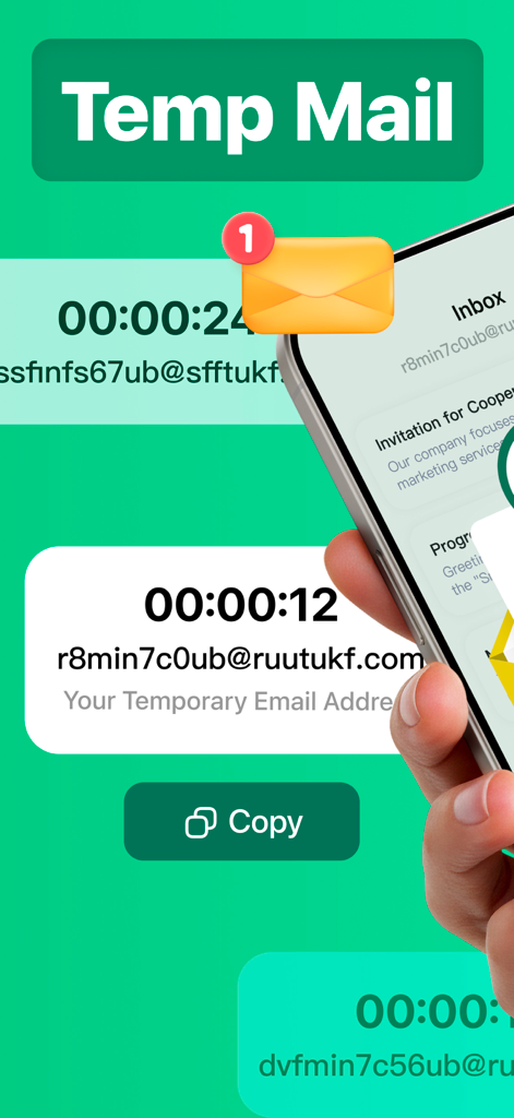 Temp Mail Pro ™ - Screenshot of Temp Mail Pro app displaying a temporary email address and a copy button.