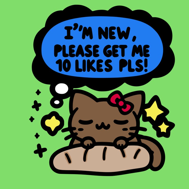 kitty taking a nap dream talking and saying "i'm new, please get me at least 10 likes pls!!"