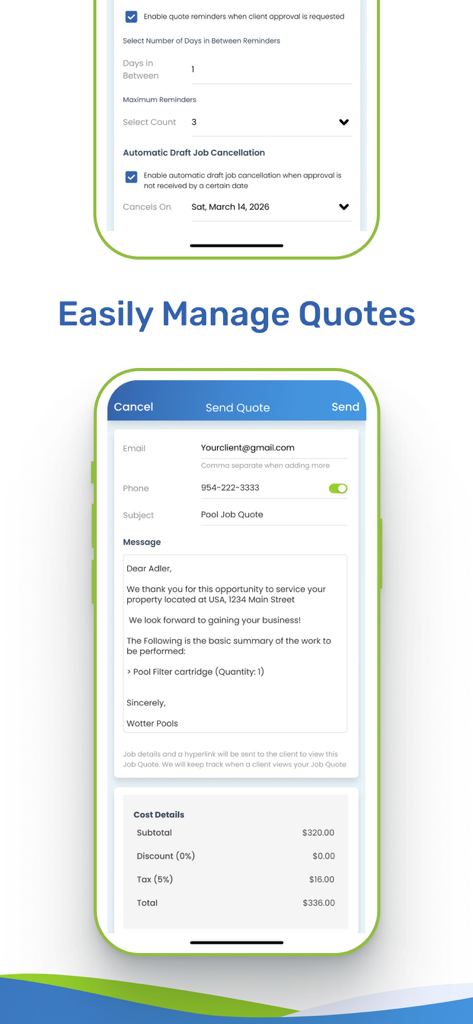 Pool Service Software - Interface of the Pool Service Software app showing options to manage and send service quotes to clients