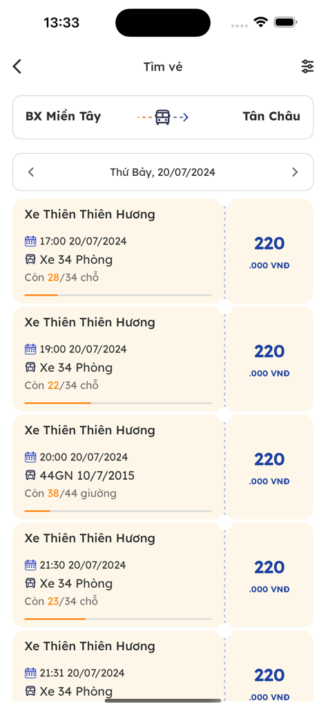 Xe Thiên Thiên Hương - Interface mostrando horários de ônibus disponíveis e preços para a rota de BX Mien Tay para Tan Chau