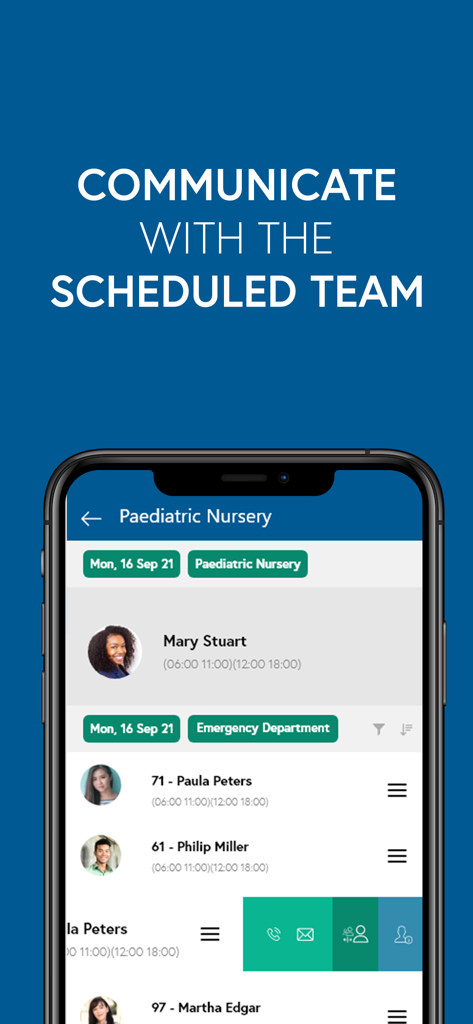 SISQUAL WFM - Tela do aplicativo SISQUAL WFM exibindo a equipe escalada para um turno de departamento e botões de contato para ligar ou enviar e-mail aos colegas.