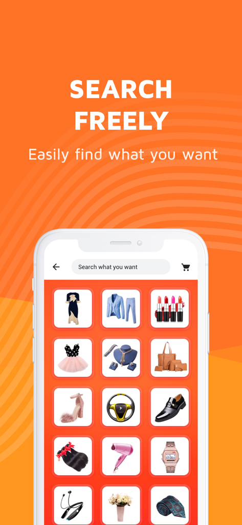 Schermata di ricerca dell'app mobile KiKUU che mostra varie categorie di prodotti, tra cui moda ed elettronica