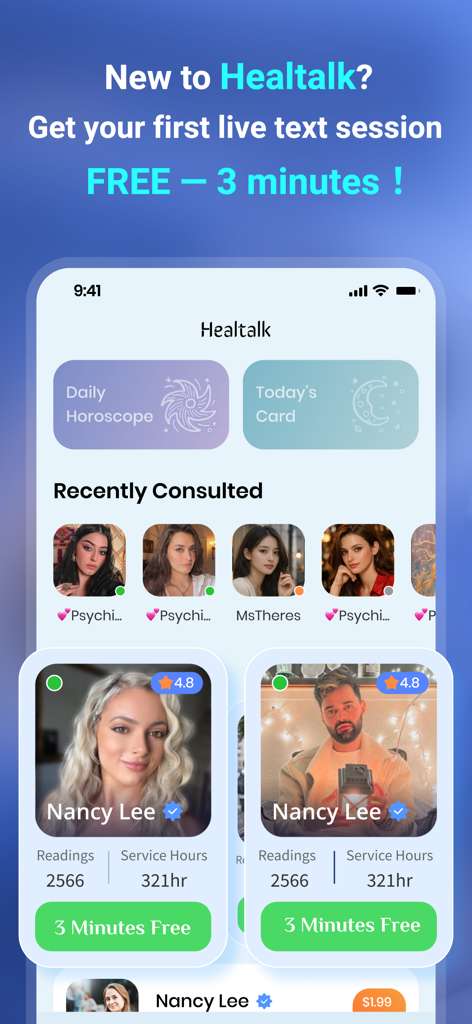 HealTalk App-Oberfläche, die Beraterprofile und ein Werbebanner für eine kostenlose dreiminütige Live-Text-Sitzung anzeigt.