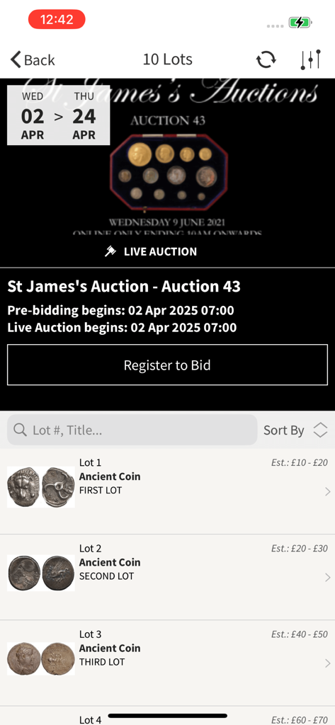 STJ Auctions app interface showing ancient coin lots available for bidding
