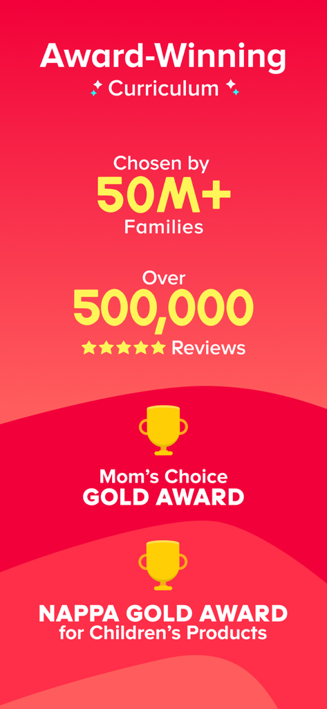 ABCmouse: Kids Learning Games - Pantalla de marketing que muestra los premios de ABCmouse, incluido el Oro de Moms Choice y el Oro de NAPPA, con 50 millones de familias alcanzadas.