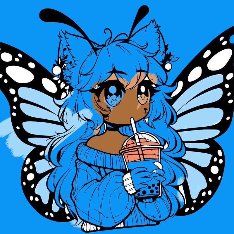 a realistic butterfly/furry girl drinking boba