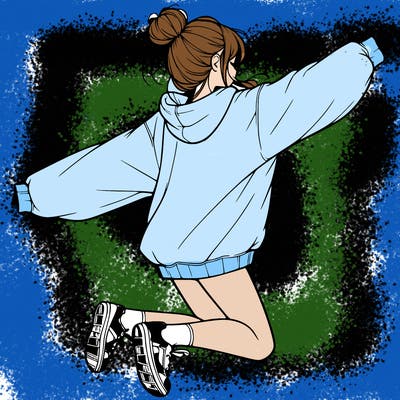 realistic girl jumping with a bun and oversized sweatshirt