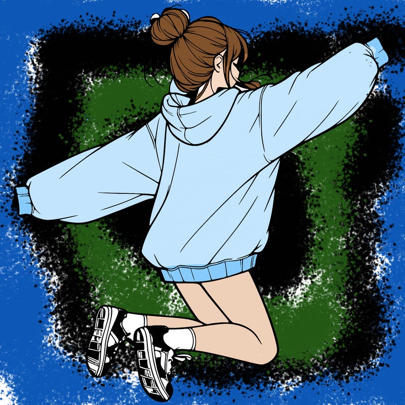 realistic girl jumping with a bun and oversized sweatshirt