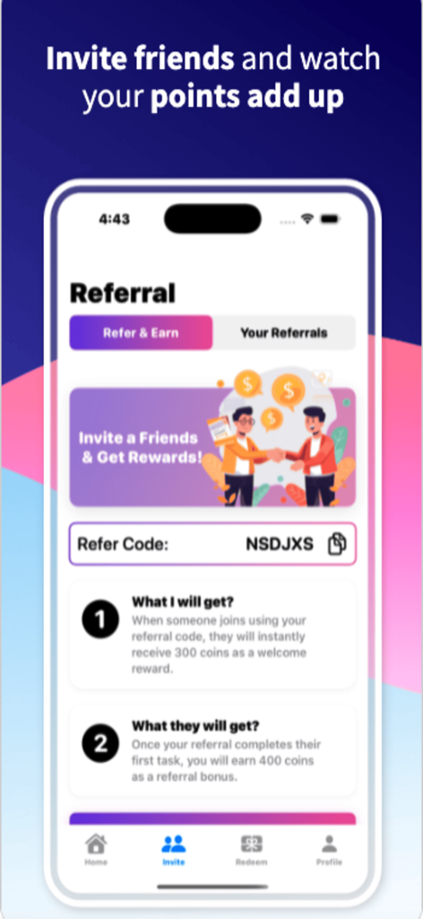 EarnZy: Survey & Games - EarnZy app interface for inviting friends to earn coins and referral rewards