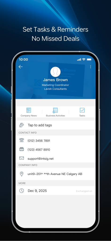 CamCard Business app screenshot showing a contact profile for James Brown with options to set tasks and reminders.