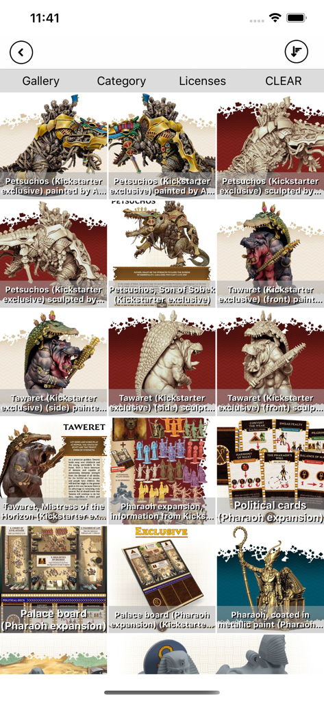 BGG BoardGames Information - Vista de galería de miniaturas de juegos de mesa y componentes de expansión en la aplicación BGG.