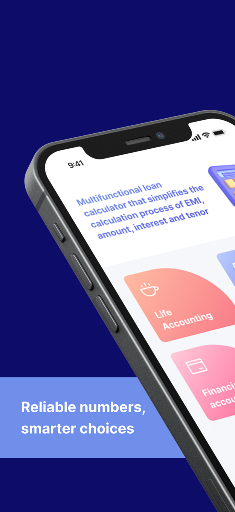 TrackFinance - Loan Calculator - Écran de l'application mobile TrackFinance montrant les fonctionnalités du calculateur de prêt et les catégories comptables