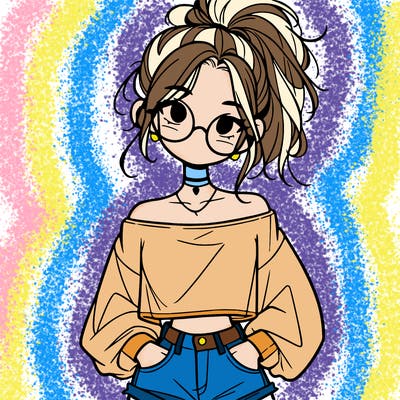 girl with a messy ponytail glasses a baggy crop top and jean shorts