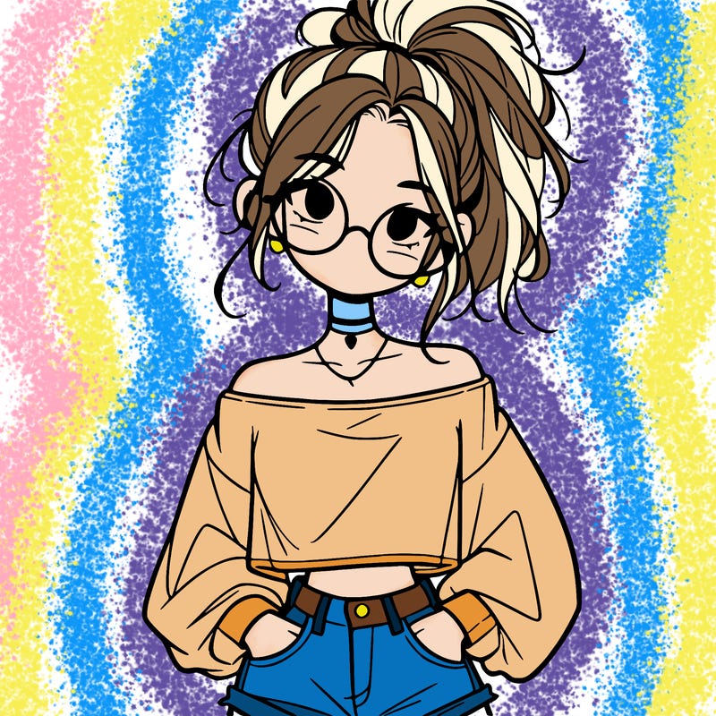 girl with a messy ponytail glasses a baggy crop top and jean shorts