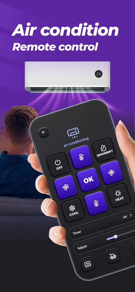 iTV Remote: Universal Control - Una persona sosteniendo un smartphone con la interfaz de una aplicación de control remoto universal para aire acondicionado