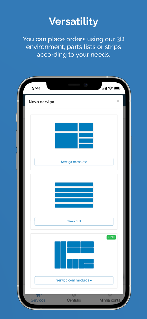 Captura de pantalla de la aplicación Cortecloud que muestra diferentes opciones de selección de servicios para la producción de muebles a medida