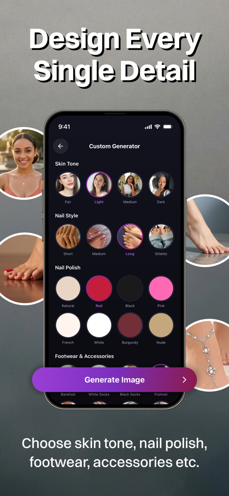 Feet Image Generator: Feetify - Interface de l'application Feetify montrant les options de personnalisation pour les images de pieds générées par IA, y compris le ton de la peau et le style des ongles.