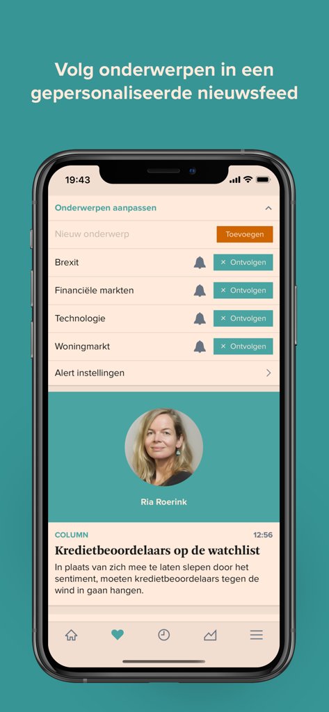 Screenshot of the FD app showing a personalized news feed with options to follow specific financial and economic topics