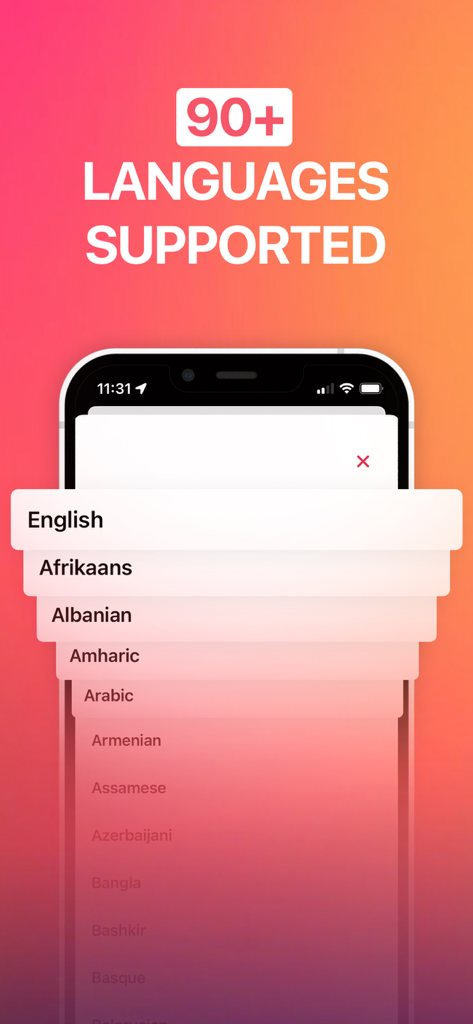 Transcribe Audio Video Voice - Captura de pantalla de la aplicación Transcribe destacando más de 90 idiomas compatibles para la transcripción de audio y video