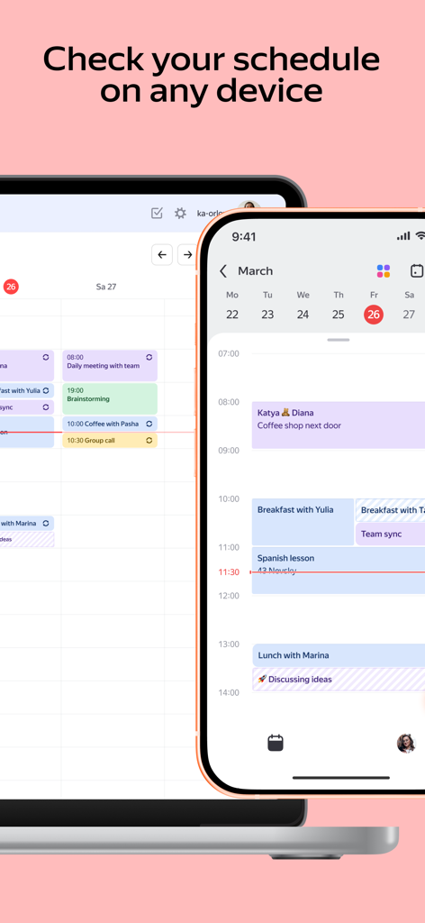 Yandex Calendar - クロスプラットフォーム同期を示す、スマートフォンとラップトップ上のYandex Calendarスケジュールビュー