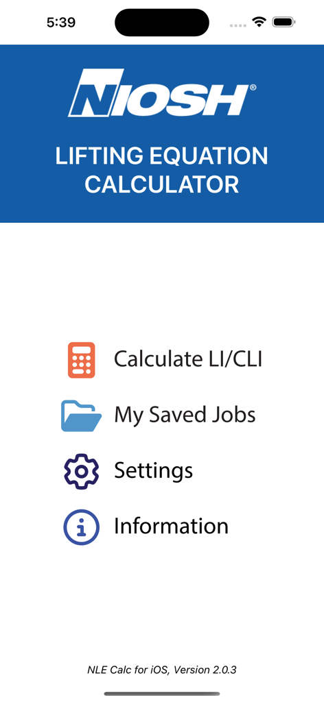 Main menu of the NLE Calc NIOSH Lifting Equation Calculator app showing calculation and settings options