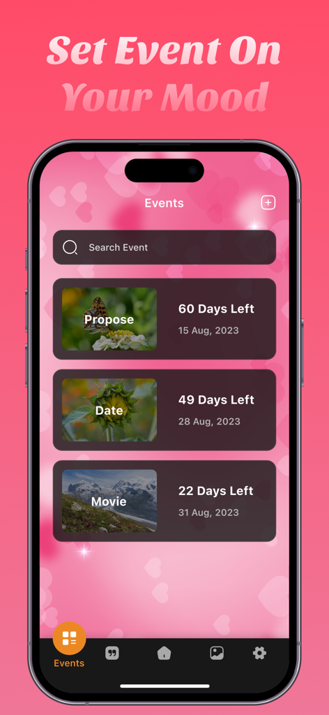 Love Tracker: Day Counter - Uma tela do aplicativo Love Tracker mostrando uma contagem regressiva para eventos de relacionamento como um pedido de casamento e um encontro.