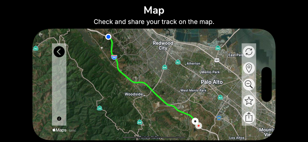 3pRally - TSD Rally - Map interface of the 3pRally app showing a recorded driving route through Northern California