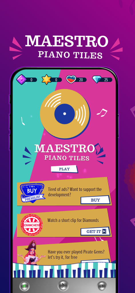 Maestro Piano Tiles - The home screen of Maestro Piano Tiles game featuring a vibrant interface and play button