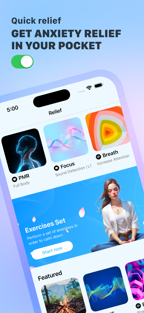 Interfaz de aplicación móvil que muestra varios ejercicios de salud mental, incluyendo enfoque de respiración y herramientas de relajación física para el alivio de la ansiedad