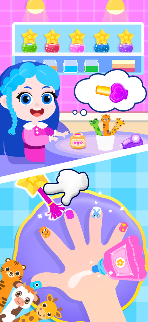 Una niña personaje en un salón de belleza y un primer plano de una mano siendo decorada con esmalte de uñas y pegatinas coloridas.