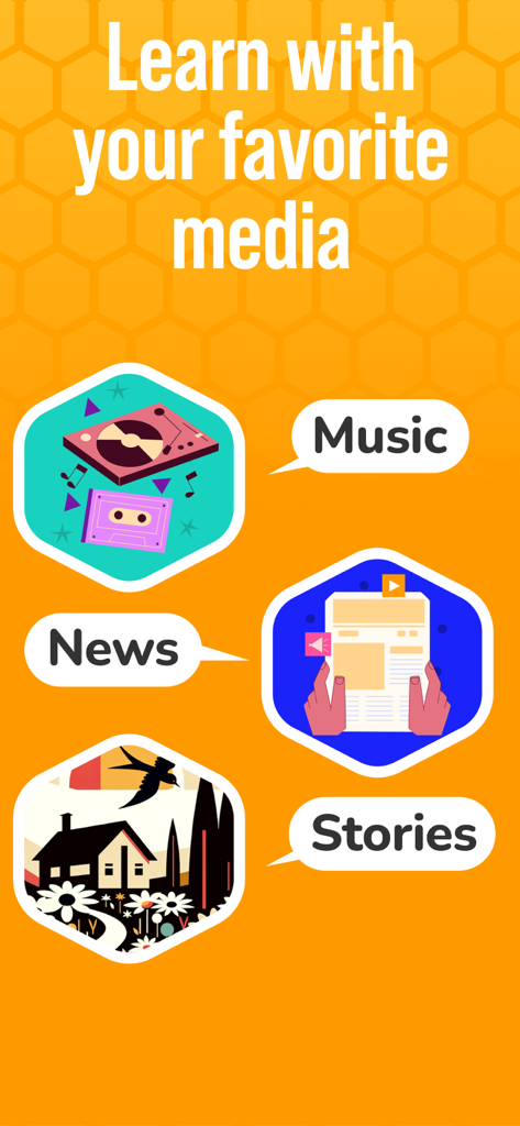 Beelinguapp: Language Learning - Beelinguapp promotional graphic showing language learning categories for music news and stories on an orange honeycomb background